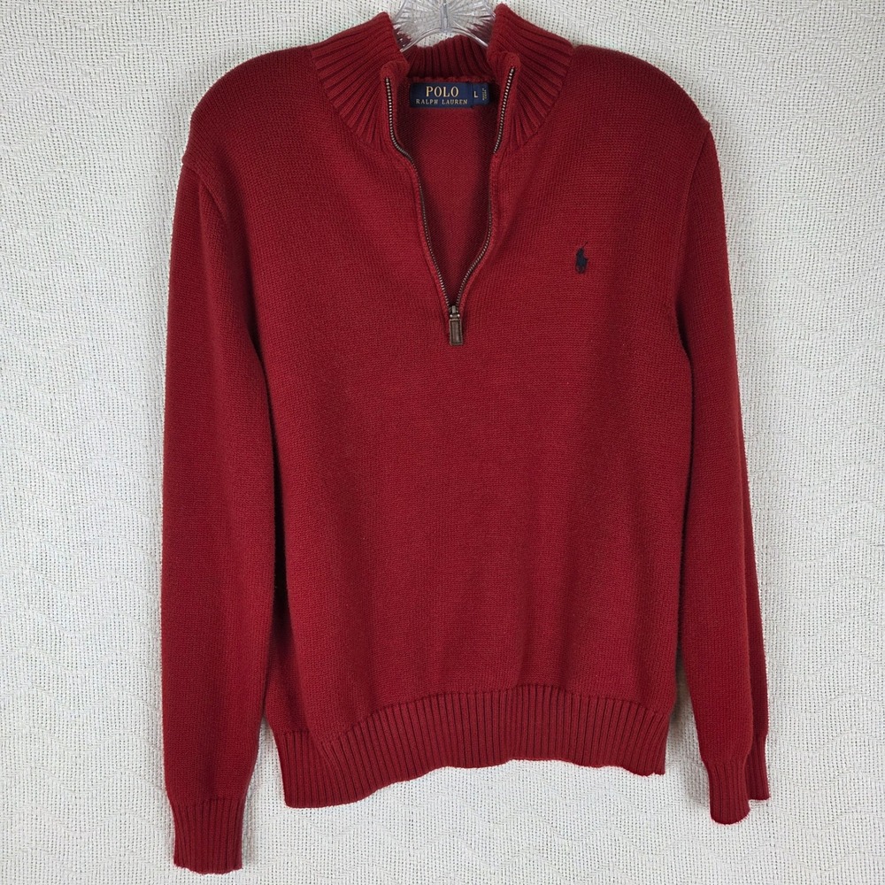 Polo Ralph Lauren Red 100% Cotton Quarter Zip Pullover Sweater Mens Large